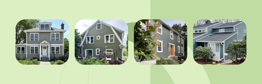 Massachusetts homes with Aged Pewter and Mesa Green Hardie siding, showing how sunlight, tree cover, roofing, and surrounding materials affect color appearance