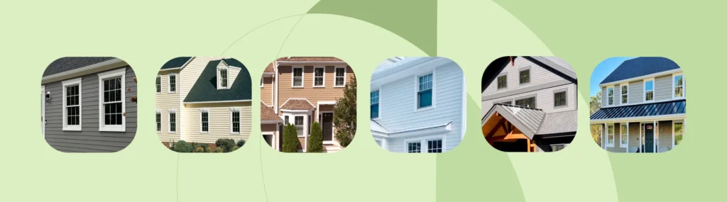 Gray, beige, white, green, blue, and brown board and batten siding colors in winter light