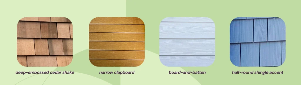 Arctic White Colonial Exterior Cedar shake, clapboard, and board-and-batten vinyl siding samples arranged