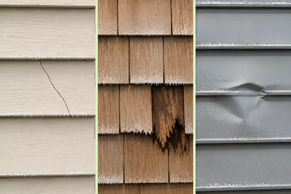 Close-up of siding panels cracked by New England freeze-thaw cycles