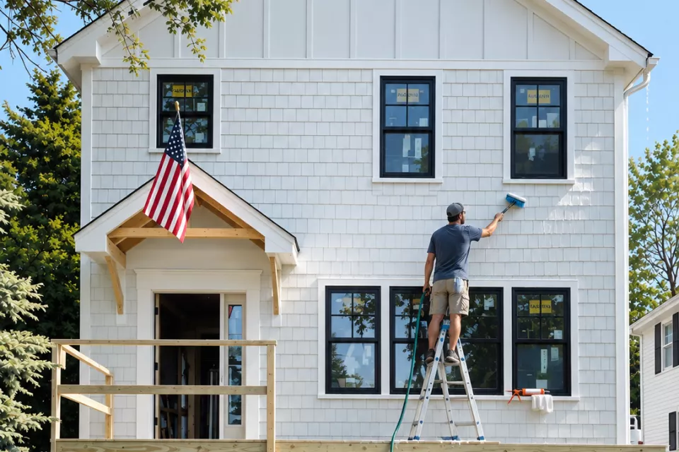Homeowner cleaning siding with hose and soft brush