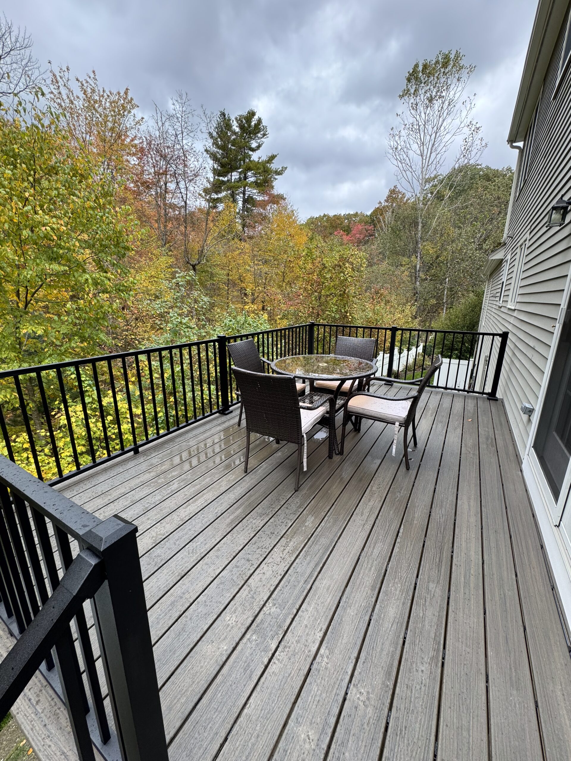 Composite deck with black railings over fall woods