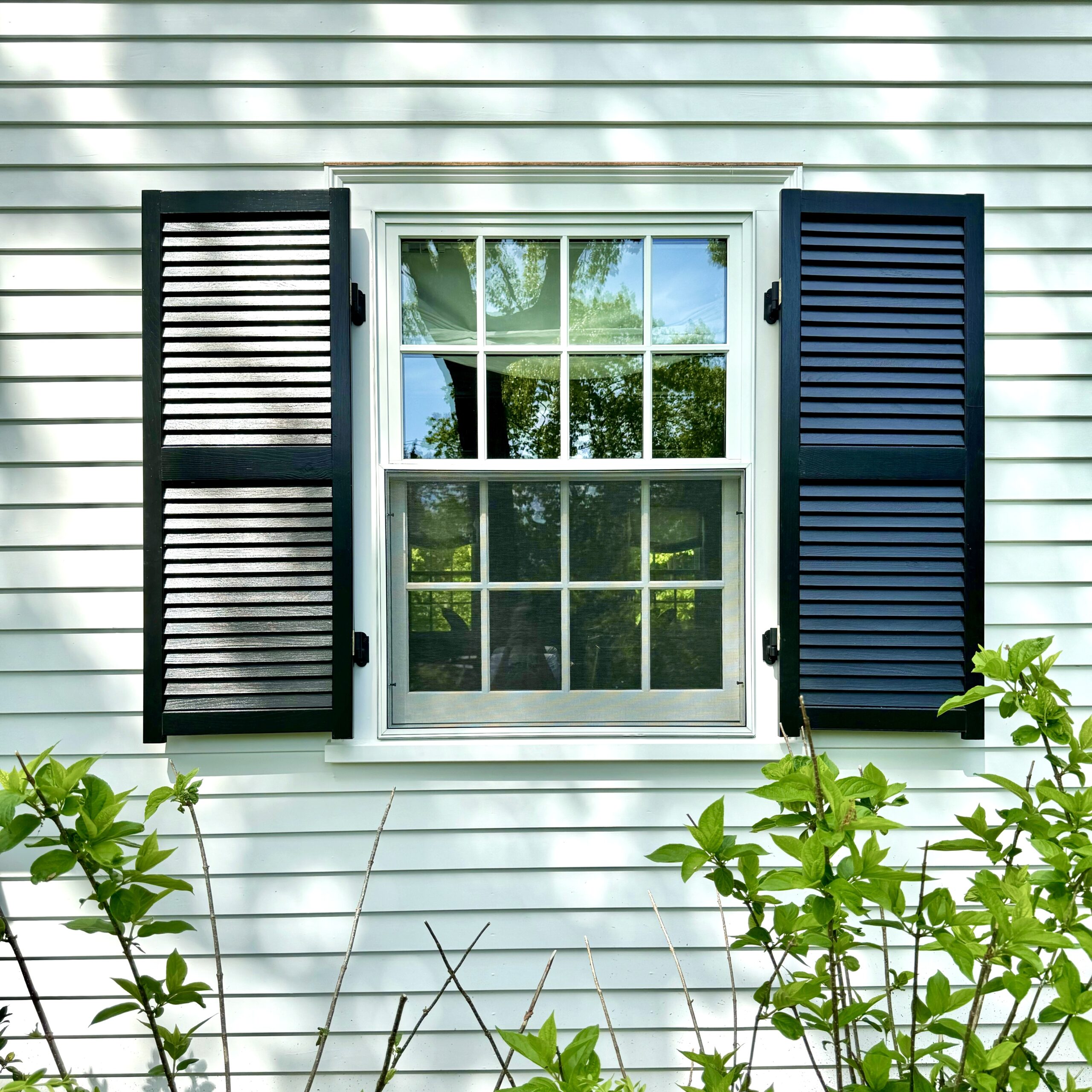 Double-hung window with black shutters in painted cedar siding