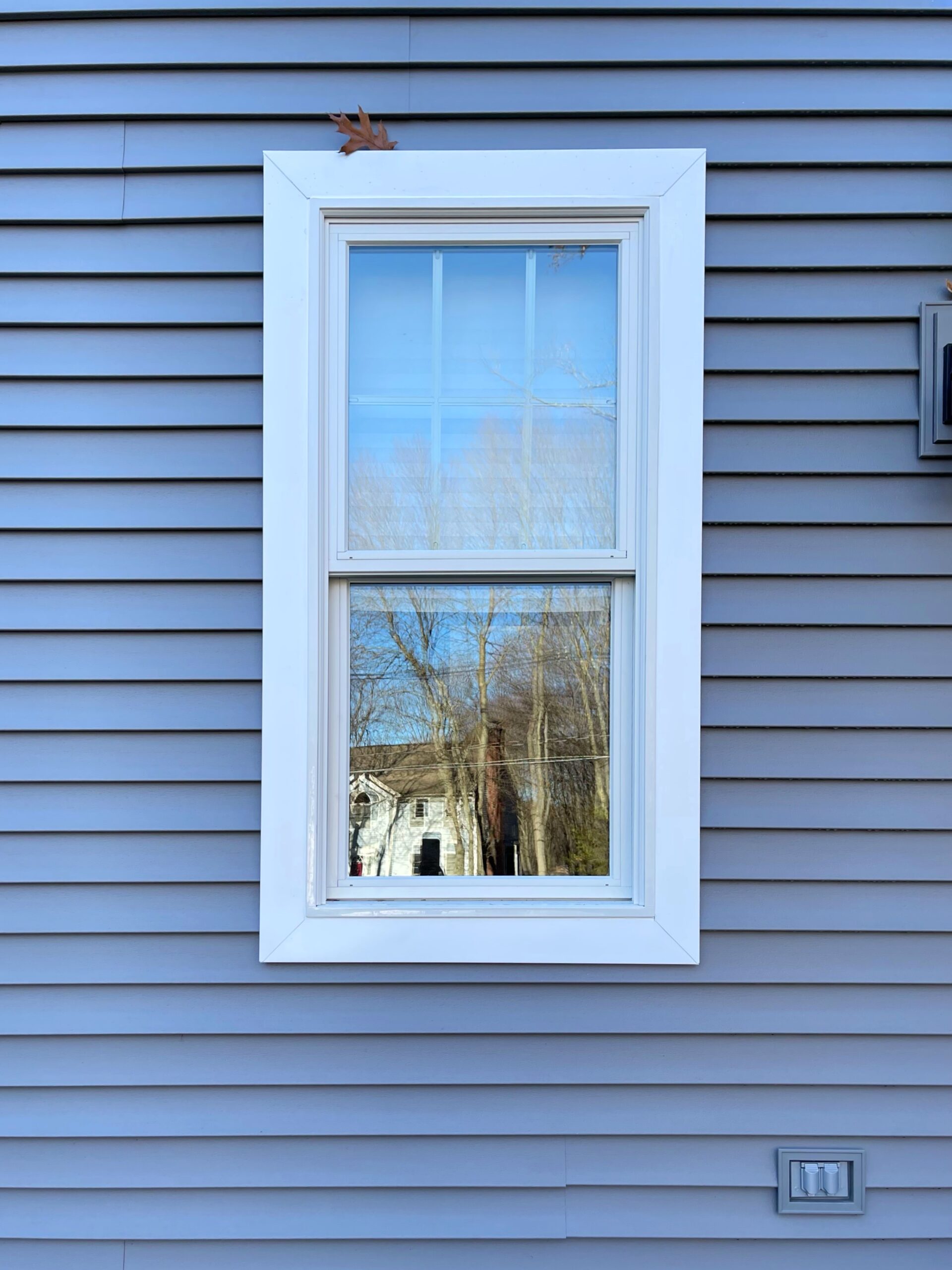 White vinyl windows on blue siding